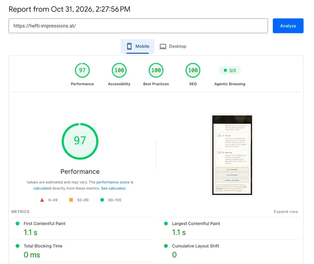 Google PageSpeed Bericht für hefti-impressions.at am Handy: Leistung 97, Barrierefreiheit 100, Best Practices 100, SEO 100