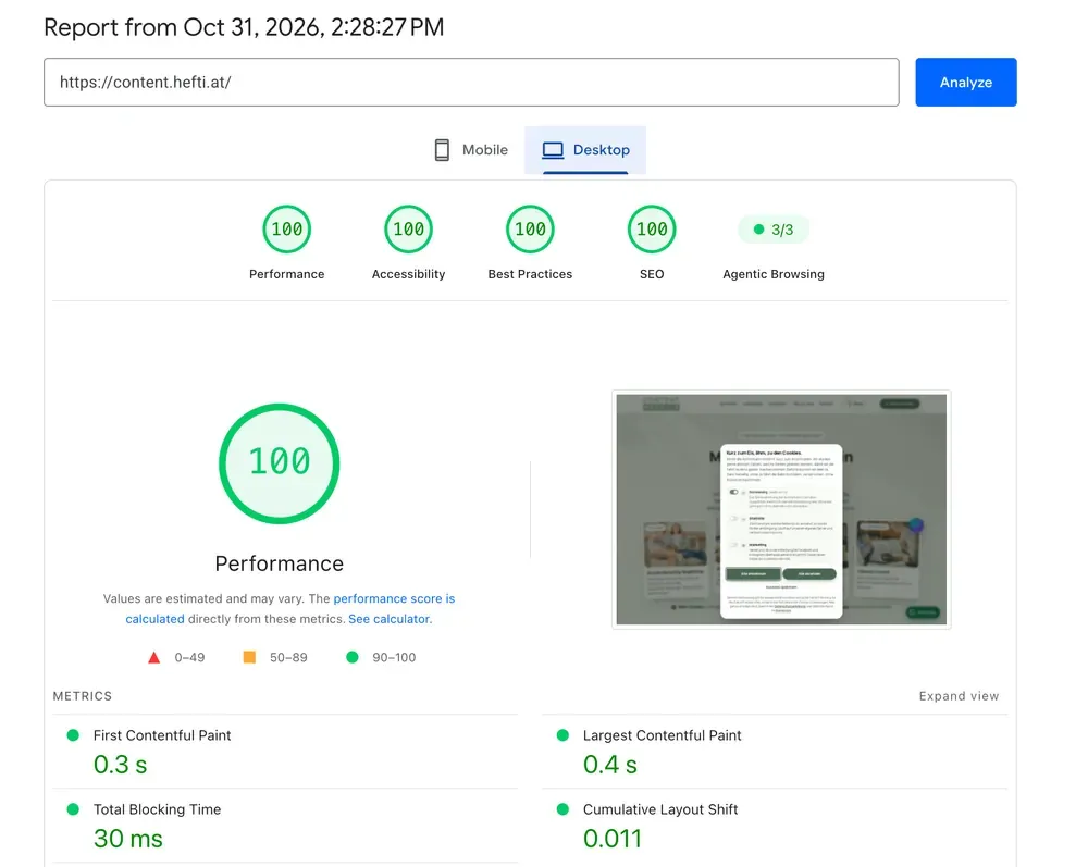 Google PageSpeed Bericht für content.hefti.at am Computer: Leistung 100, Barrierefreiheit 100, Best Practices 100, SEO 100