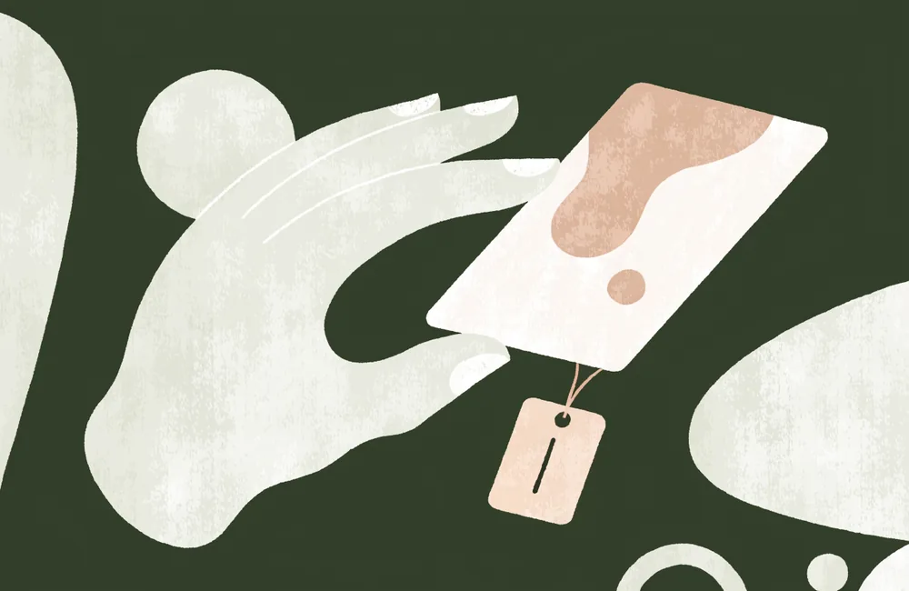 Illustration: Hand hält eine Visitenkarte mit Preisschild