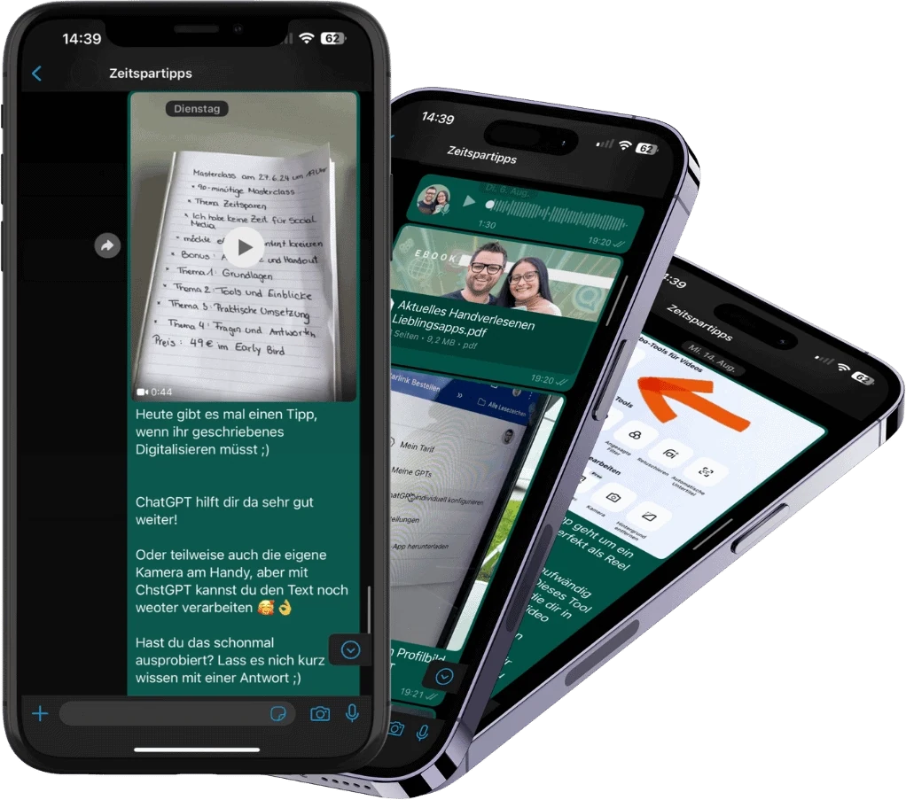 Drei Handys mit echten Zeitspartipps im WhatsApp-Chat