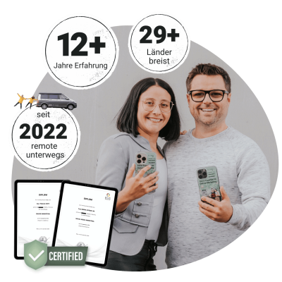 Zwei Personen mit Smartphones, Content Hefti's Logo im Hintergrund, Content Marketing Experten.