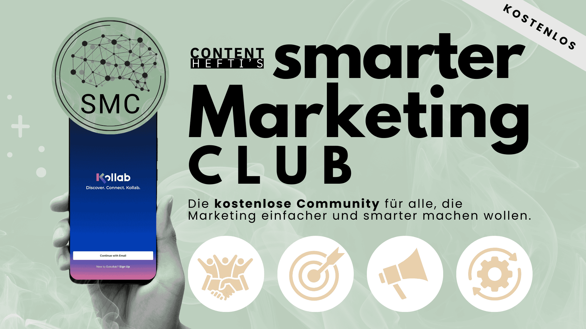 Smarter Marketing Club Logo mit Smartphone und Icons für Community, Ziel, Werbung, Technik.