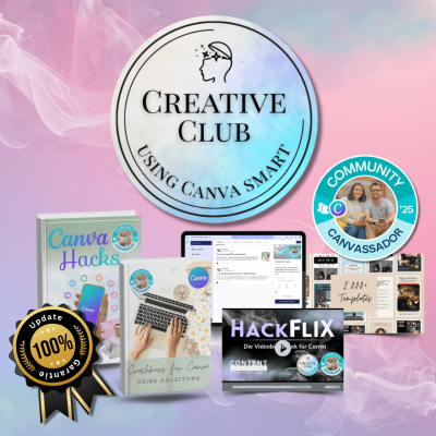 Kreativclub-Logo mit Canva Smart, Community- und Hackflix-Icons.